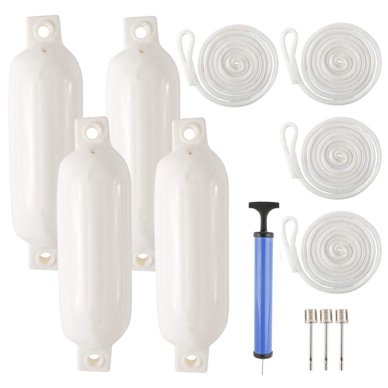 NovelBee 4 Pack of 4.5" x16 Ribbed Twin Eyes Boat Fender with Lines,Pump and Needle for Boat or Dock (White) - Image 1